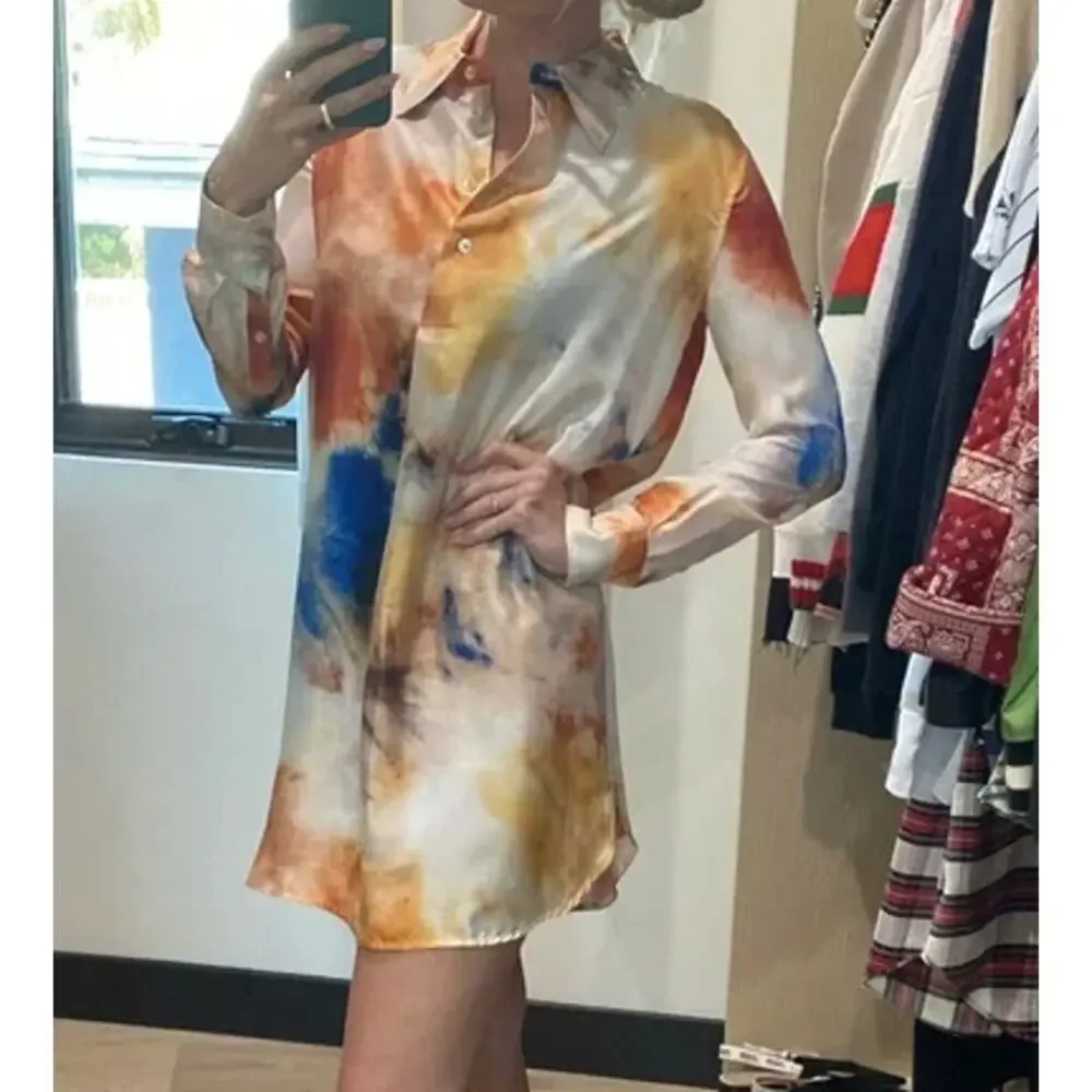 Aritzia Le Fou Wilfred Aura Silk Tie Dye Button Down Shirt Dress